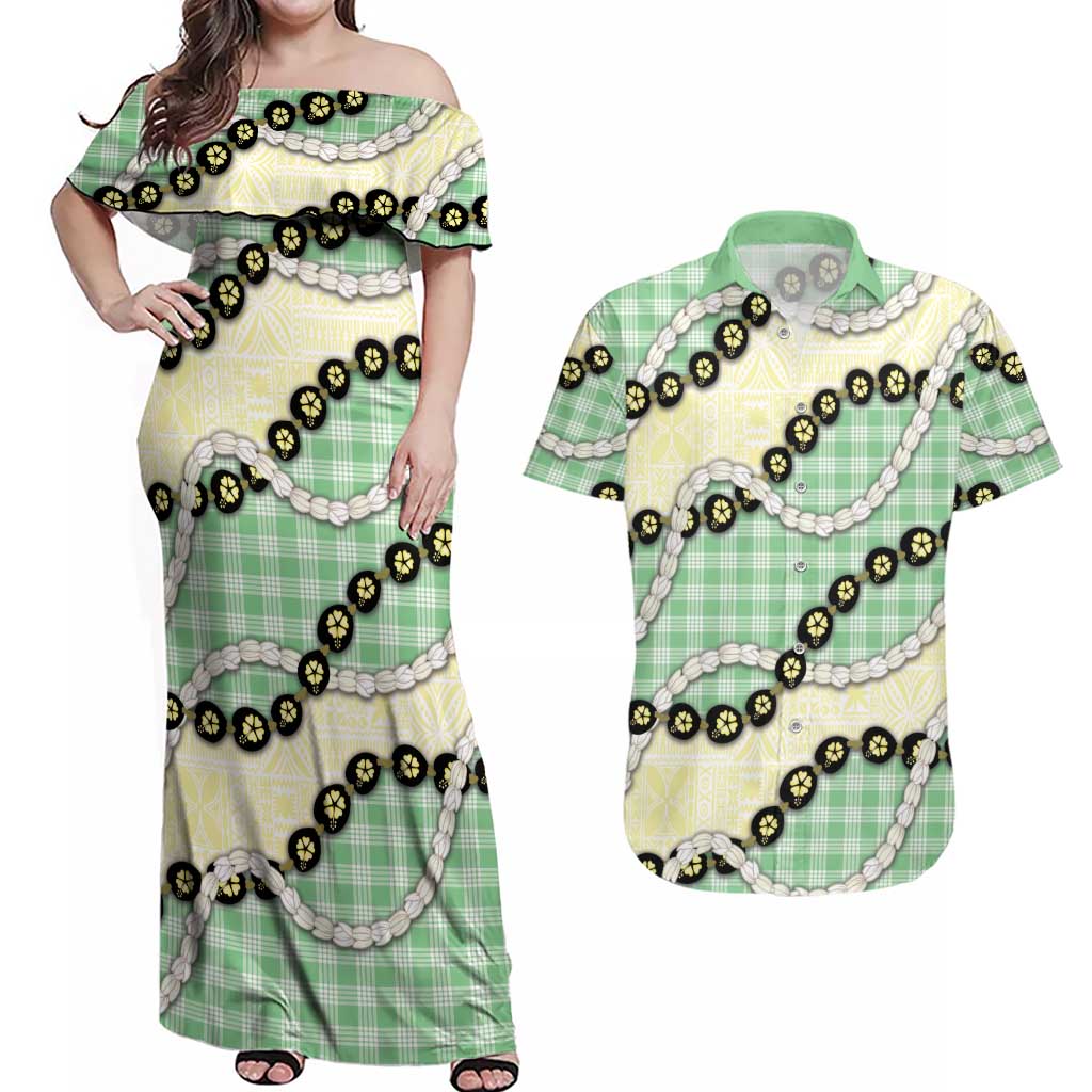 Green Palaka Hawaii Couples Matching Off Shoulder Maxi Dress and Hawaiian Shirt Kukui Nut Pikake Lei Hawaiian Tapa Pattern LT14 Green - Polynesian Pride