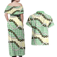 Green Palaka Hawaii Couples Matching Off Shoulder Maxi Dress and Hawaiian Shirt Kukui Nut Pikake Lei Hawaiian Tapa Pattern LT14 - Polynesian Pride