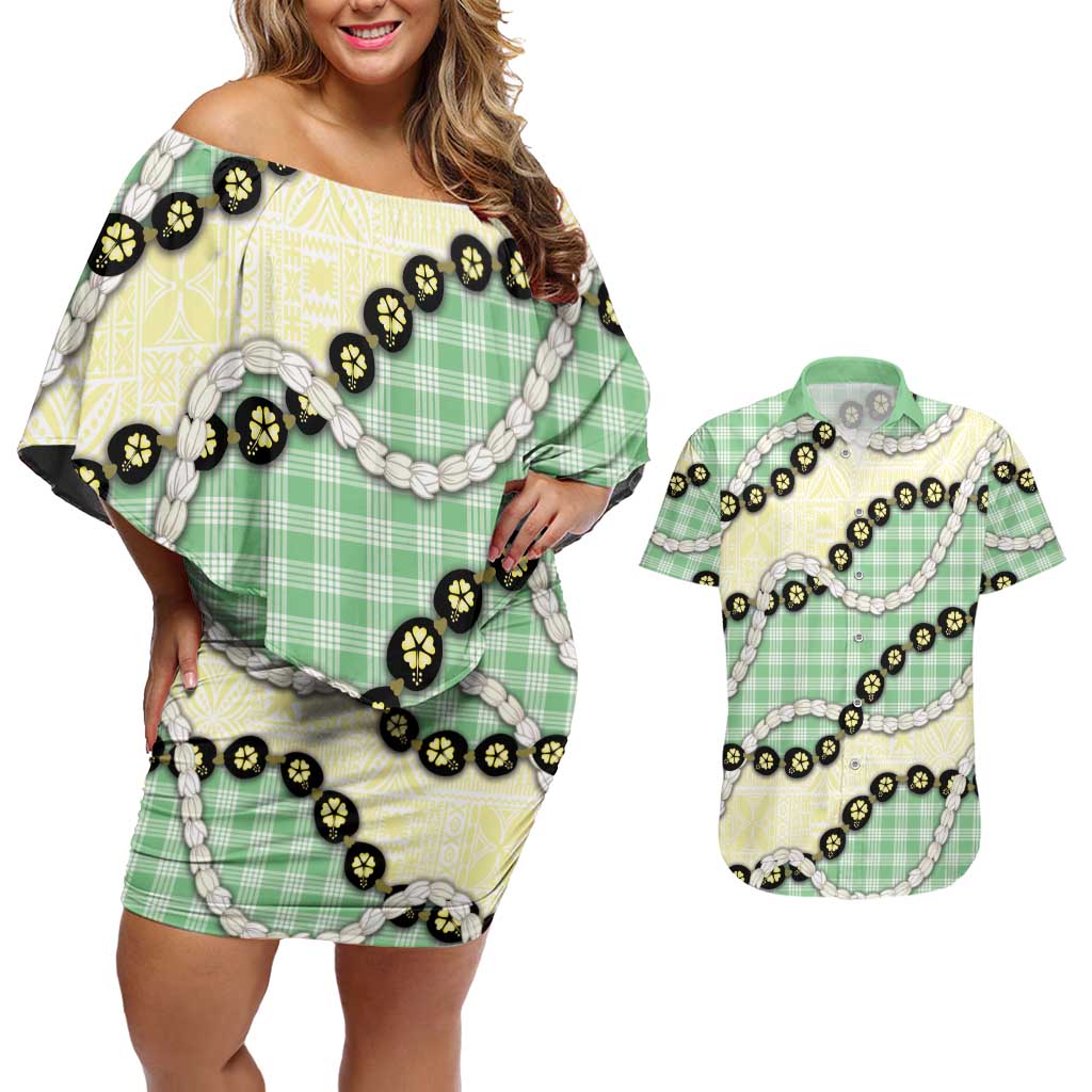 Green Palaka Hawaii Couples Matching Off Shoulder Short Dress and Hawaiian Shirt Kukui Nut Pikake Lei Hawaiian Tapa Pattern LT14 Green - Polynesian Pride