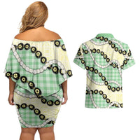 Green Palaka Hawaii Couples Matching Off Shoulder Short Dress and Hawaiian Shirt Kukui Nut Pikake Lei Hawaiian Tapa Pattern LT14 - Polynesian Pride