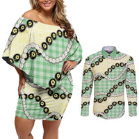 Green Palaka Hawaii Couples Matching Off Shoulder Short Dress and Long Sleeve Button Shirt Kukui Nut Pikake Lei Hawaiian Tapa Pattern LT14 Green - Polynesian Pride