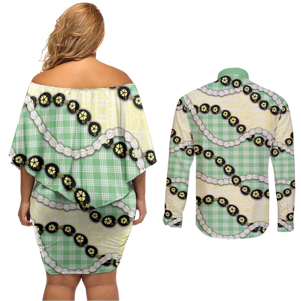 Green Palaka Hawaii Couples Matching Off Shoulder Short Dress and Long Sleeve Button Shirt Kukui Nut Pikake Lei Hawaiian Tapa Pattern LT14 - Polynesian Pride