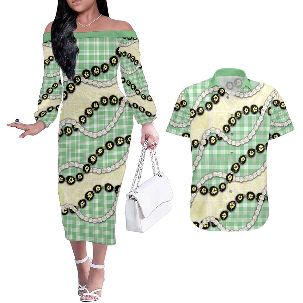 Green Palaka Hawaii Couples Matching Off The Shoulder Long Sleeve Dress and Hawaiian Shirt Kukui Nut Pikake Lei Hawaiian Tapa Pattern LT14 Green - Polynesian Pride