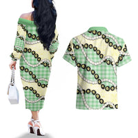 Green Palaka Hawaii Couples Matching Off The Shoulder Long Sleeve Dress and Hawaiian Shirt Kukui Nut Pikake Lei Hawaiian Tapa Pattern LT14 - Polynesian Pride