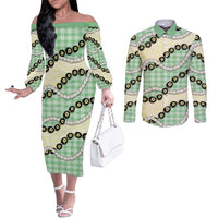Green Palaka Hawaii Couples Matching Off The Shoulder Long Sleeve Dress and Long Sleeve Button Shirt Kukui Nut Pikake Lei Hawaiian Tapa Pattern LT14 Green - Polynesian Pride