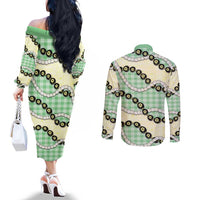 Green Palaka Hawaii Couples Matching Off The Shoulder Long Sleeve Dress and Long Sleeve Button Shirt Kukui Nut Pikake Lei Hawaiian Tapa Pattern LT14 - Polynesian Pride