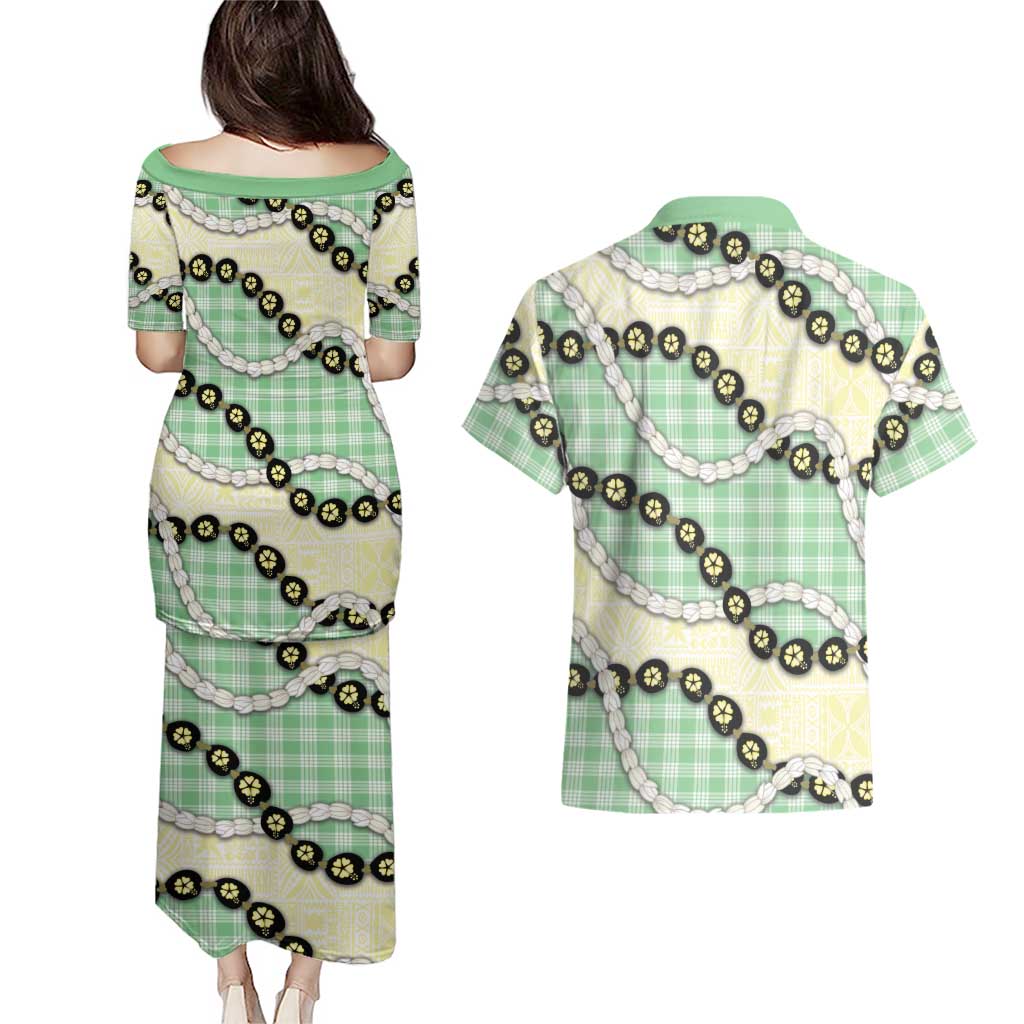 Green Palaka Hawaii Couples Matching Puletasi and Hawaiian Shirt Kukui Nut Pikake Lei Hawaiian Tapa Pattern - Polynesian Pride