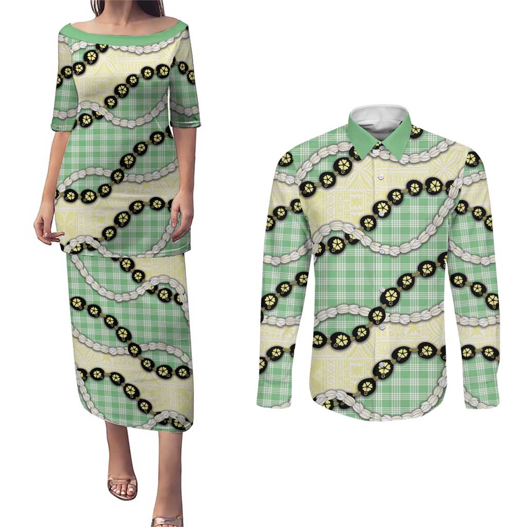 Green Palaka Hawaii Couples Matching Puletasi and Long Sleeve Button Shirt Kukui Nut Pikake Lei Hawaiian Tapa Pattern - Polynesian Pride