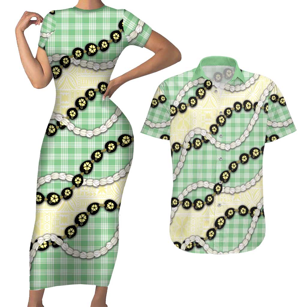 Green Palaka Hawaii Couples Matching Short Sleeve Bodycon Dress and Hawaiian Shirt Kukui Nut Pikake Lei Hawaiian Tapa Pattern LT14 Green - Polynesian Pride