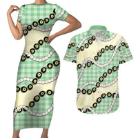 Green Palaka Hawaii Couples Matching Short Sleeve Bodycon Dress and Hawaiian Shirt Kukui Nut Pikake Lei Hawaiian Tapa Pattern LT14 Green - Polynesian Pride