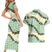 Green Palaka Hawaii Couples Matching Short Sleeve Bodycon Dress and Hawaiian Shirt Kukui Nut Pikake Lei Hawaiian Tapa Pattern LT14 - Polynesian Pride