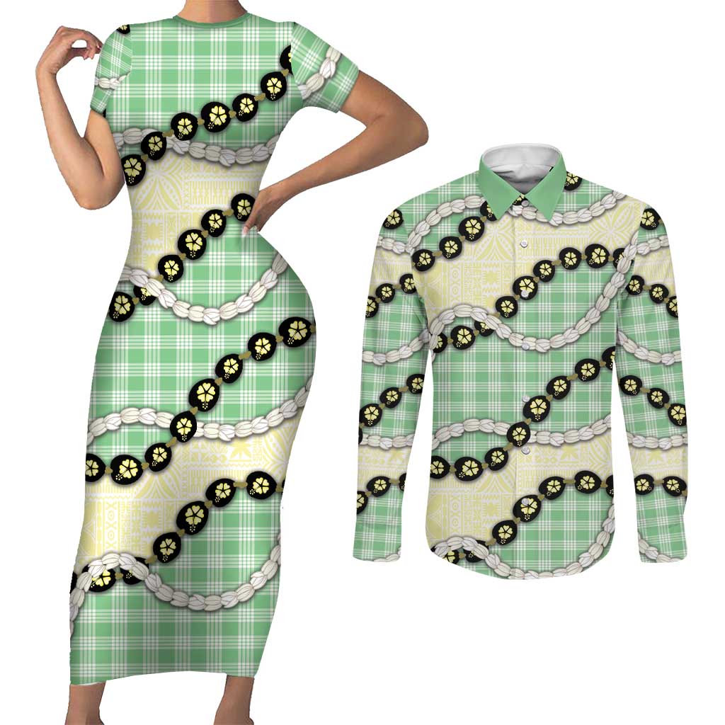 Green Palaka Hawaii Couples Matching Short Sleeve Bodycon Dress and Long Sleeve Button Shirt Kukui Nut Pikake Lei Hawaiian Tapa Pattern LT14 Green - Polynesian Pride