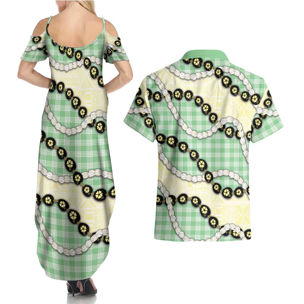 Green Palaka Hawaii Couples Matching Summer Maxi Dress and Hawaiian Shirt Kukui Nut Pikake Lei Hawaiian Tapa Pattern LT14 - Polynesian Pride