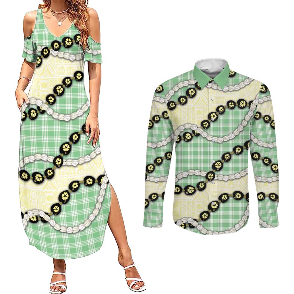 Green Palaka Hawaii Couples Matching Summer Maxi Dress and Long Sleeve Button Shirt Kukui Nut Pikake Lei Hawaiian Tapa Pattern - Polynesian Pride