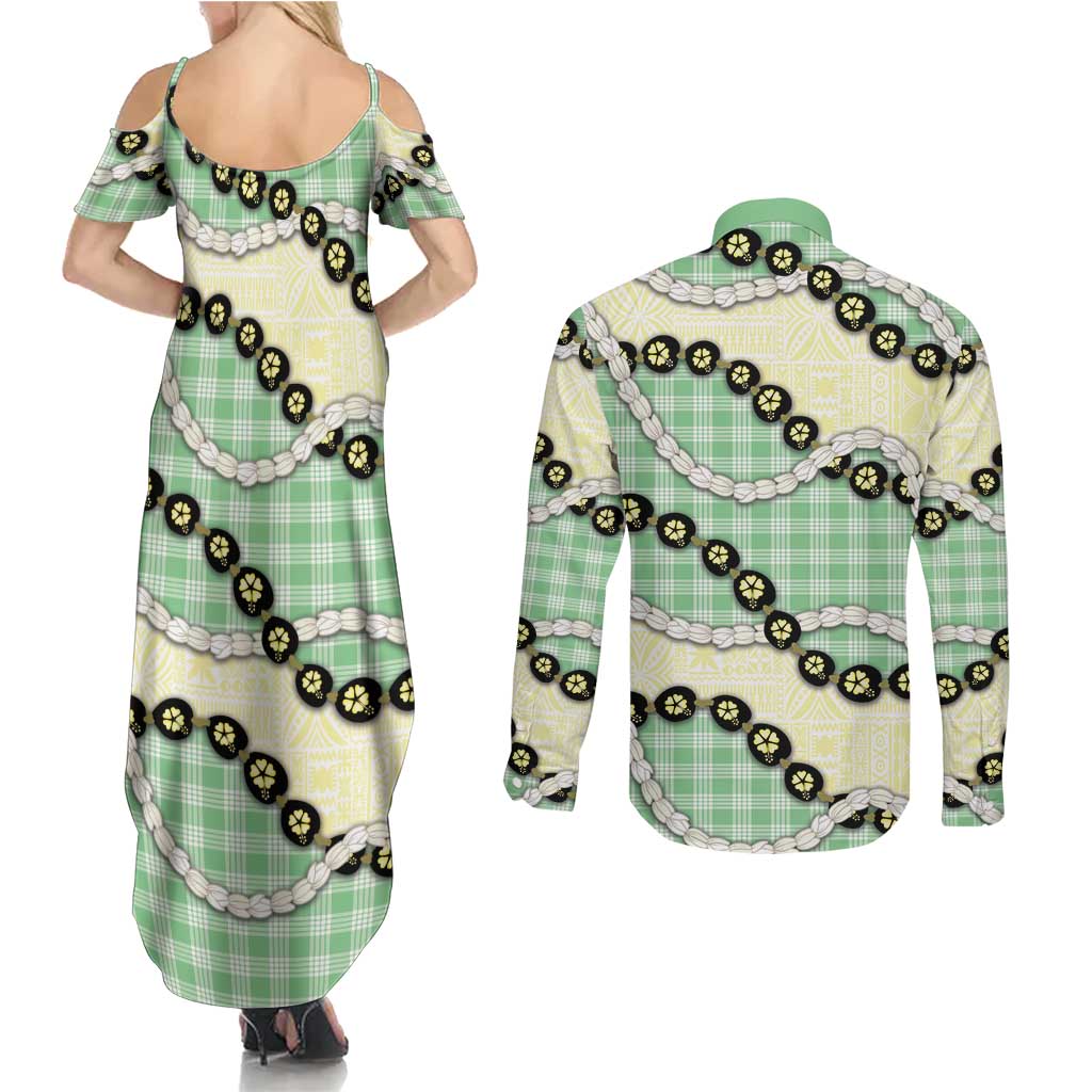 Green Palaka Hawaii Couples Matching Summer Maxi Dress and Long Sleeve Button Shirt Kukui Nut Pikake Lei Hawaiian Tapa Pattern - Polynesian Pride
