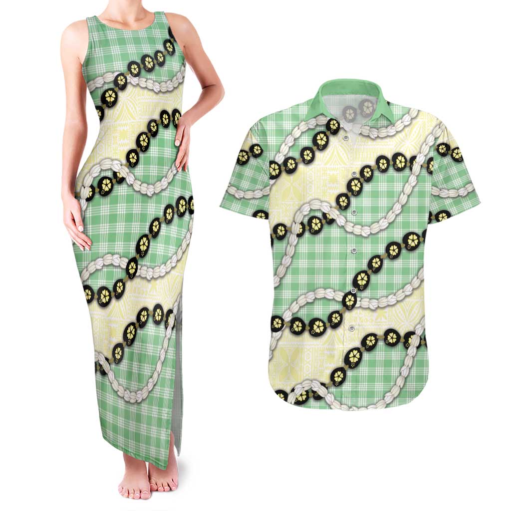 Green Palaka Hawaii Couples Matching Tank Maxi Dress and Hawaiian Shirt Kukui Nut Pikake Lei Hawaiian Tapa Pattern LT14 Green - Polynesian Pride