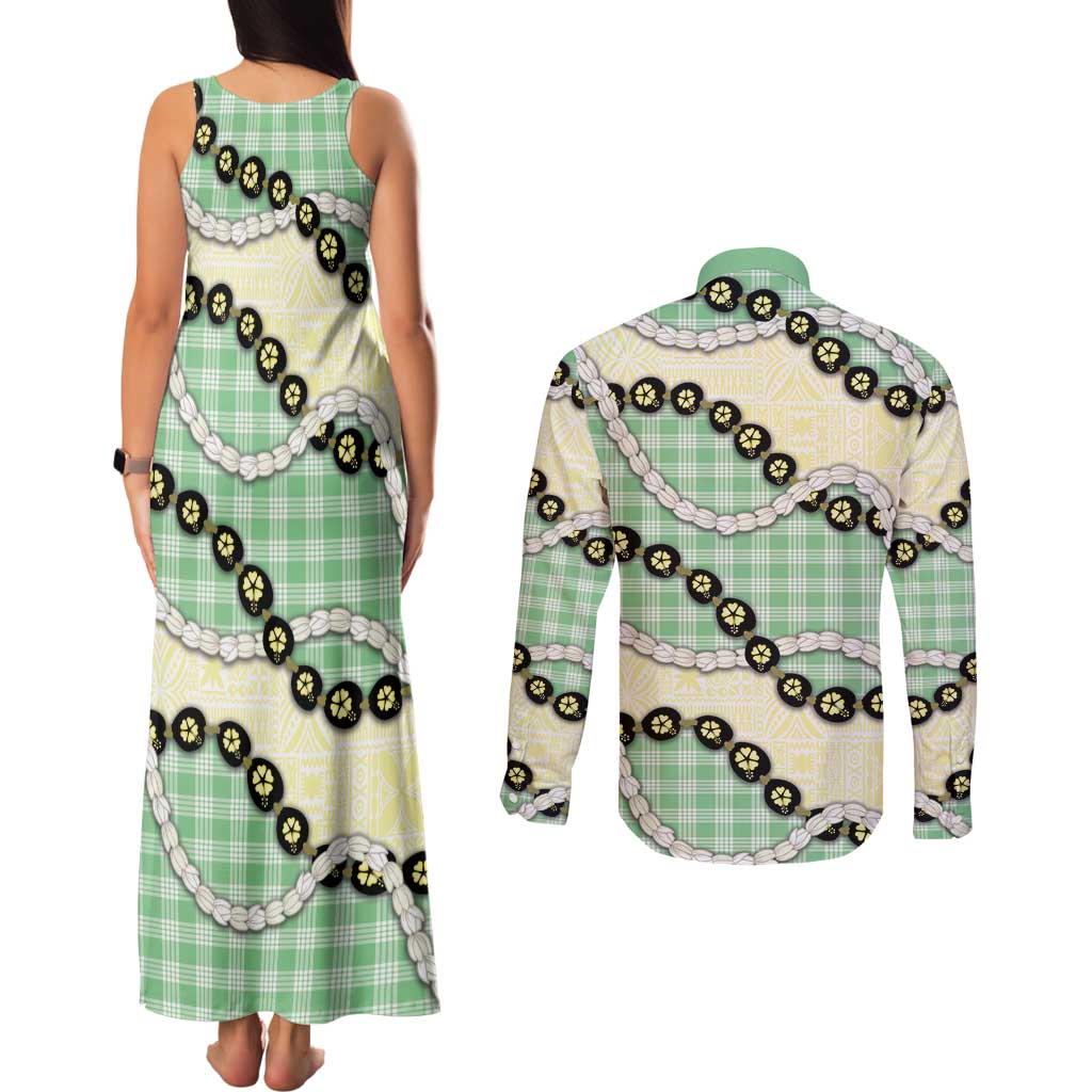 Green Palaka Hawaii Couples Matching Tank Maxi Dress and Long Sleeve Button Shirt Kukui Nut Pikake Lei Hawaiian Tapa Pattern LT14 - Polynesian Pride