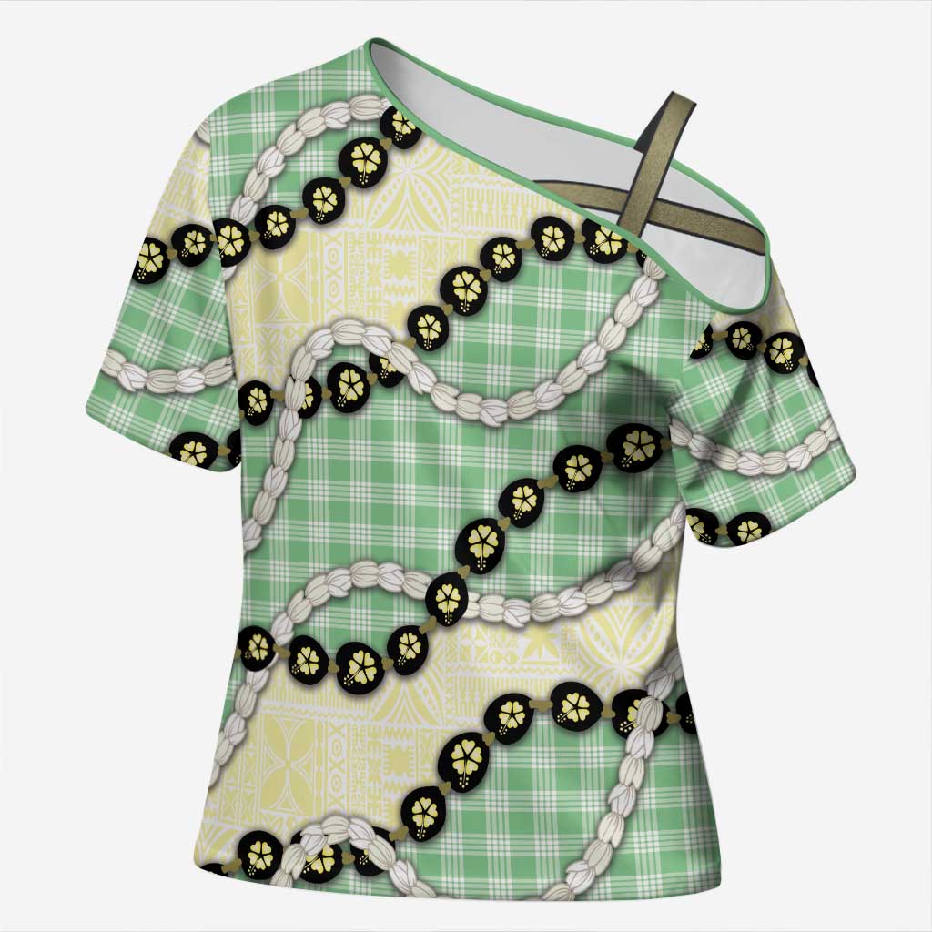 Green Palaka Hawaii Cross Shoulder Shirt Kukui Nut Pikake Lei Hawaiian Tapa Pattern - Polynesian Pride