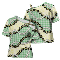 Green Palaka Hawaii Cross Shoulder Shirt Kukui Nut Pikake Lei Hawaiian Tapa Pattern - Polynesian Pride