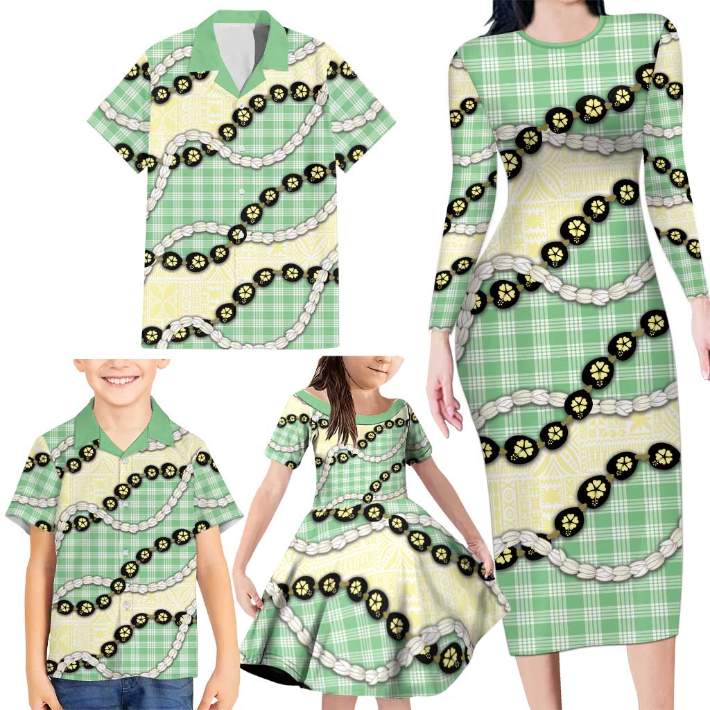 Green Palaka Hawaii Family Matching Long Sleeve Bodycon Dress and Hawaiian Shirt Kukui Nut Pikake Lei Hawaiian Tapa Pattern - Polynesian Pride