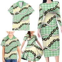 Green Palaka Hawaii Family Matching Long Sleeve Bodycon Dress and Hawaiian Shirt Kukui Nut Pikake Lei Hawaiian Tapa Pattern LT14 - Polynesian Pride