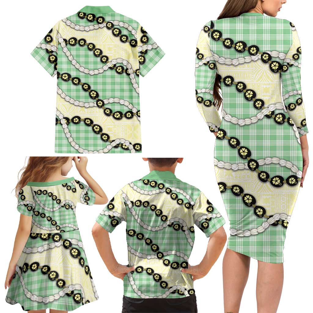 Green Palaka Hawaii Family Matching Long Sleeve Bodycon Dress and Hawaiian Shirt Kukui Nut Pikake Lei Hawaiian Tapa Pattern LT14 - Polynesian Pride
