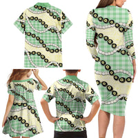 Green Palaka Hawaii Family Matching Long Sleeve Bodycon Dress and Hawaiian Shirt Kukui Nut Pikake Lei Hawaiian Tapa Pattern LT14 - Polynesian Pride
