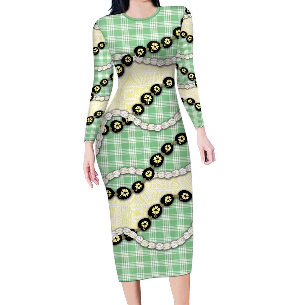 Green Palaka Hawaii Family Matching Long Sleeve Bodycon Dress and Hawaiian Shirt Kukui Nut Pikake Lei Hawaiian Tapa Pattern LT14 Mom's Dress Green - Polynesian Pride