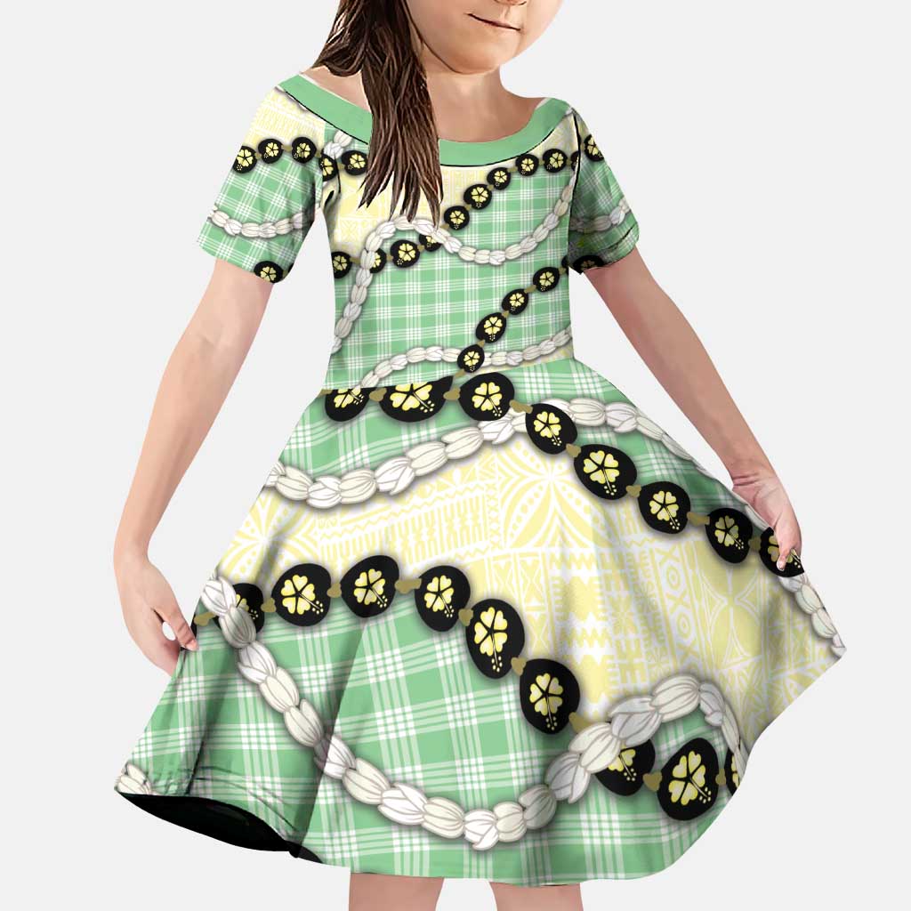 Green Palaka Hawaii Family Matching Mermaid Dress and Hawaiian Shirt Kukui Nut Pikake Lei Hawaiian Tapa Pattern LT14 Daughter's Dress Green - Polynesian Pride