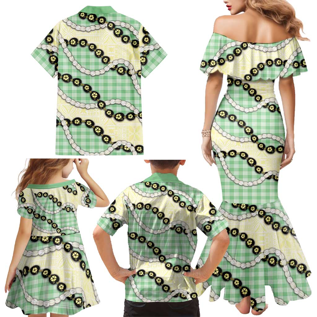 Green Palaka Hawaii Family Matching Mermaid Dress and Hawaiian Shirt Kukui Nut Pikake Lei Hawaiian Tapa Pattern LT14 - Polynesian Pride
