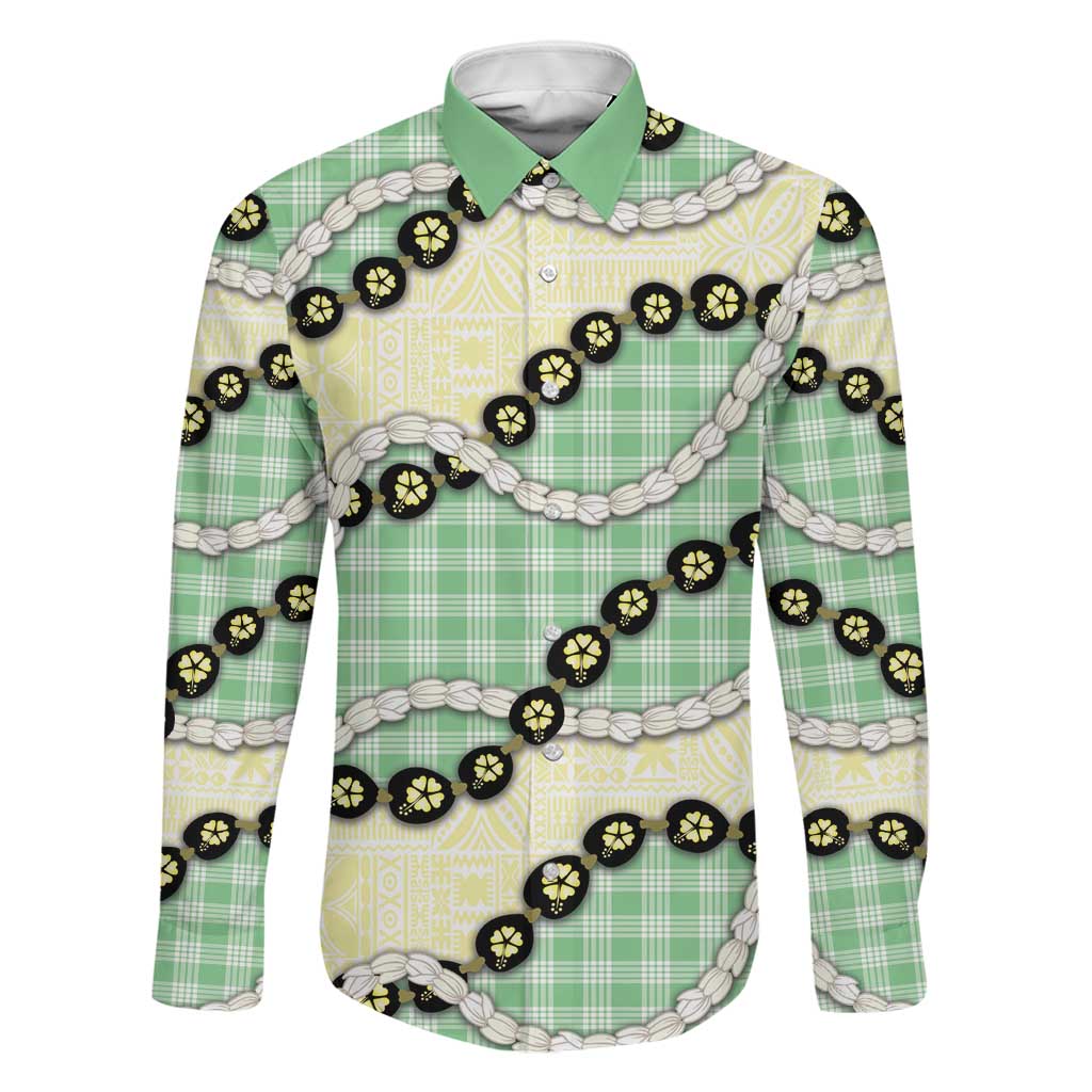 Green Palaka Hawaii Family Matching Mermaid Dress and Hawaiian Shirt Kukui Nut Pikake Lei Hawaiian Tapa Pattern LT14 Dad's Shirt - Long Sleeve Green - Polynesian Pride