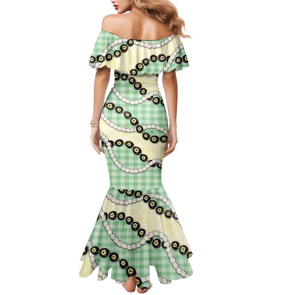 Green Palaka Hawaii Family Matching Mermaid Dress and Hawaiian Shirt Kukui Nut Pikake Lei Hawaiian Tapa Pattern LT14 - Polynesian Pride