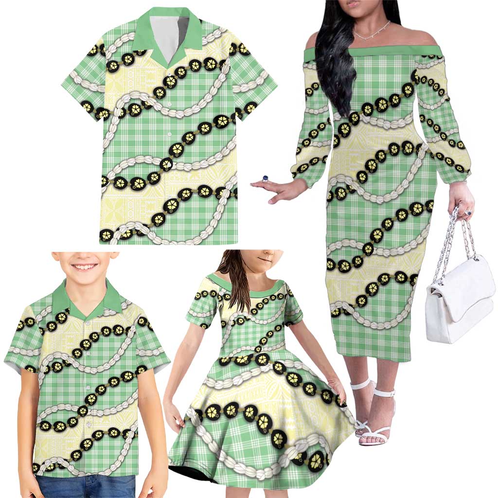 Green Palaka Hawaii Family Matching Off The Shoulder Long Sleeve Dress and Hawaiian Shirt Kukui Nut Pikake Lei Hawaiian Tapa Pattern LT14 - Polynesian Pride