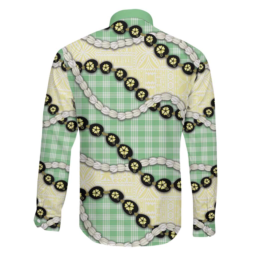 Green Palaka Hawaii Family Matching Off The Shoulder Long Sleeve Dress and Hawaiian Shirt Kukui Nut Pikake Lei Hawaiian Tapa Pattern LT14 - Polynesian Pride