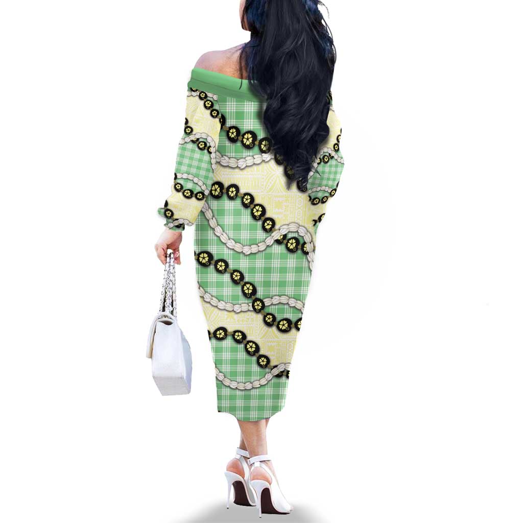 Green Palaka Hawaii Family Matching Off The Shoulder Long Sleeve Dress and Hawaiian Shirt Kukui Nut Pikake Lei Hawaiian Tapa Pattern LT14 - Polynesian Pride