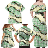 Green Palaka Hawaii Family Matching Off Shoulder Maxi Dress and Hawaiian Shirt Kukui Nut Pikake Lei Hawaiian Tapa Pattern LT14 - Polynesian Pride