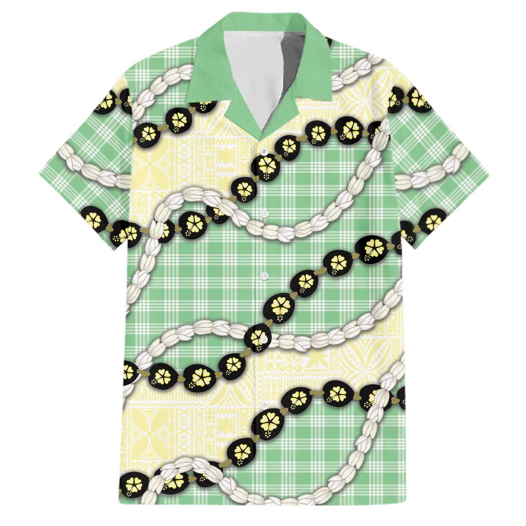 Green Palaka Hawaii Family Matching Off Shoulder Maxi Dress and Hawaiian Shirt Kukui Nut Pikake Lei Hawaiian Tapa Pattern LT14 Dad's Shirt - Short Sleeve Green - Polynesian Pride