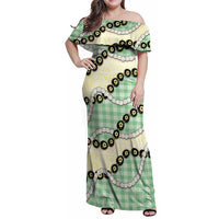 Green Palaka Hawaii Family Matching Off Shoulder Maxi Dress and Hawaiian Shirt Kukui Nut Pikake Lei Hawaiian Tapa Pattern LT14 Mom's Dress Green - Polynesian Pride