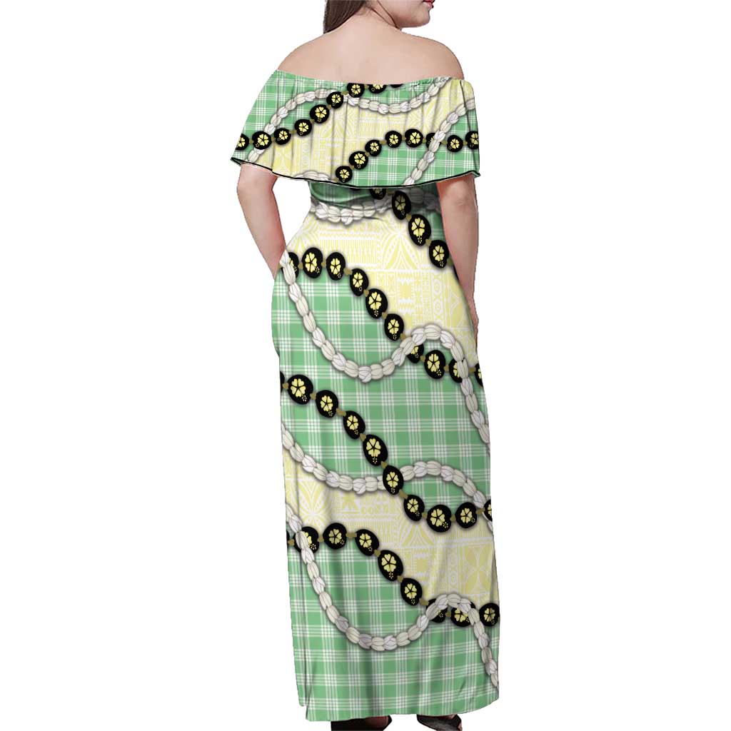 Green Palaka Hawaii Family Matching Off Shoulder Maxi Dress and Hawaiian Shirt Kukui Nut Pikake Lei Hawaiian Tapa Pattern LT14 - Polynesian Pride