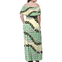 Green Palaka Hawaii Family Matching Off Shoulder Maxi Dress and Hawaiian Shirt Kukui Nut Pikake Lei Hawaiian Tapa Pattern LT14 - Polynesian Pride