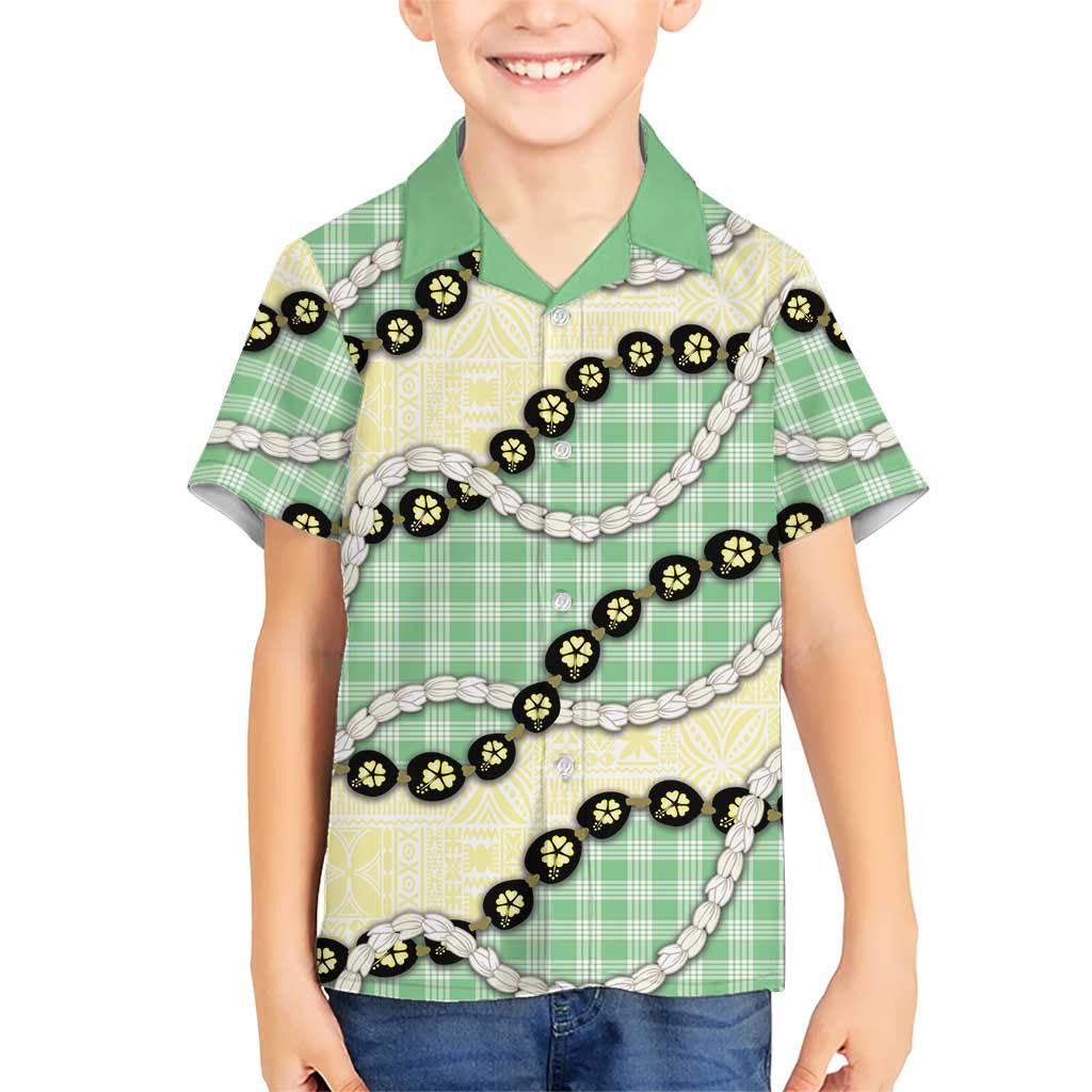 Green Palaka Hawaii Family Matching Off Shoulder Maxi Dress and Hawaiian Shirt Kukui Nut Pikake Lei Hawaiian Tapa Pattern LT14 Son's Shirt Green - Polynesian Pride