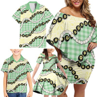 Green Palaka Hawaii Family Matching Off Shoulder Short Dress and Hawaiian Shirt Kukui Nut Pikake Lei Hawaiian Tapa Pattern LT14 - Polynesian Pride