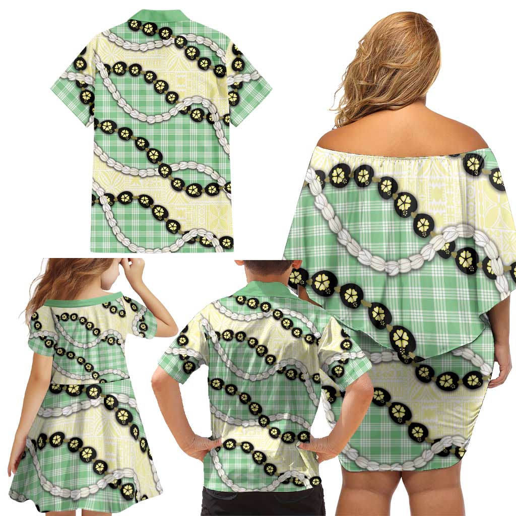 Green Palaka Hawaii Family Matching Off Shoulder Short Dress and Hawaiian Shirt Kukui Nut Pikake Lei Hawaiian Tapa Pattern LT14 - Polynesian Pride