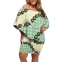 Green Palaka Hawaii Family Matching Off Shoulder Short Dress and Hawaiian Shirt Kukui Nut Pikake Lei Hawaiian Tapa Pattern LT14 Mom's Dress Green - Polynesian Pride