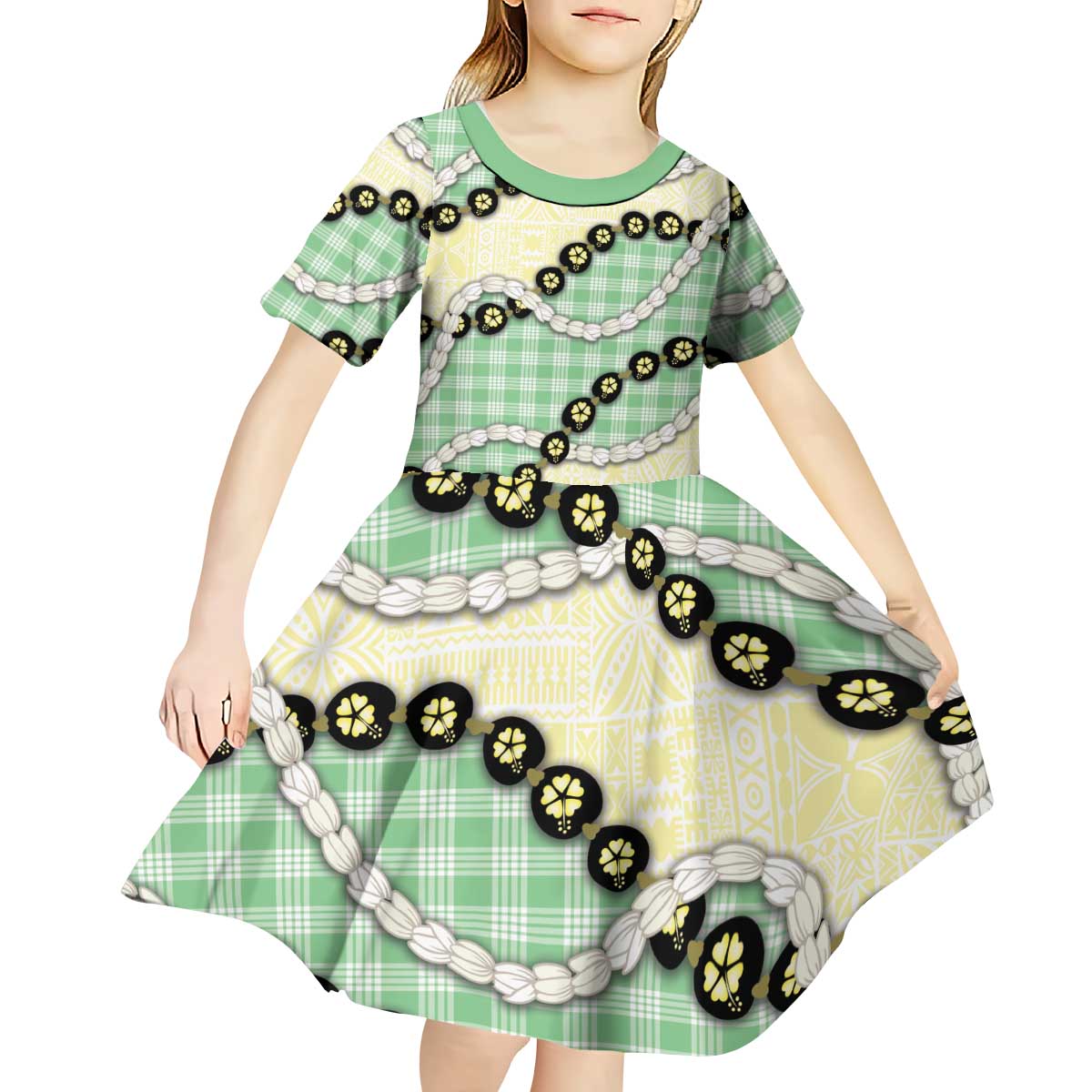 Green Palaka Hawaii Kid Short Sleeve Dress Kukui Nut Pikake Lei Hawaiian Tapa Pattern - Polynesian Pride