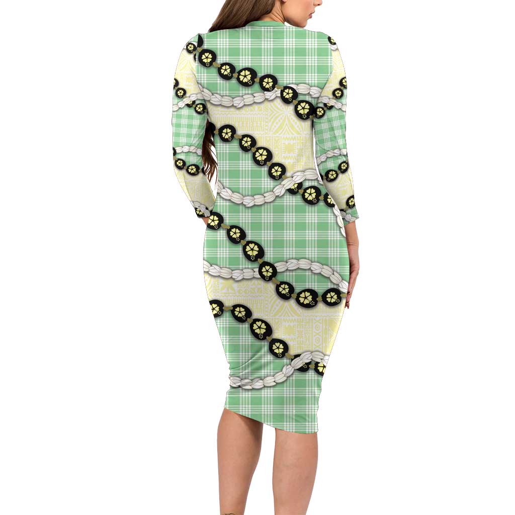 Green Palaka Hawaii Long Sleeve Bodycon Dress Kukui Nut Pikake Lei Hawaiian Tapa Pattern - Polynesian Pride