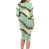 Green Palaka Hawaii Long Sleeve Bodycon Dress Kukui Nut Pikake Lei Hawaiian Tapa Pattern - Polynesian Pride
