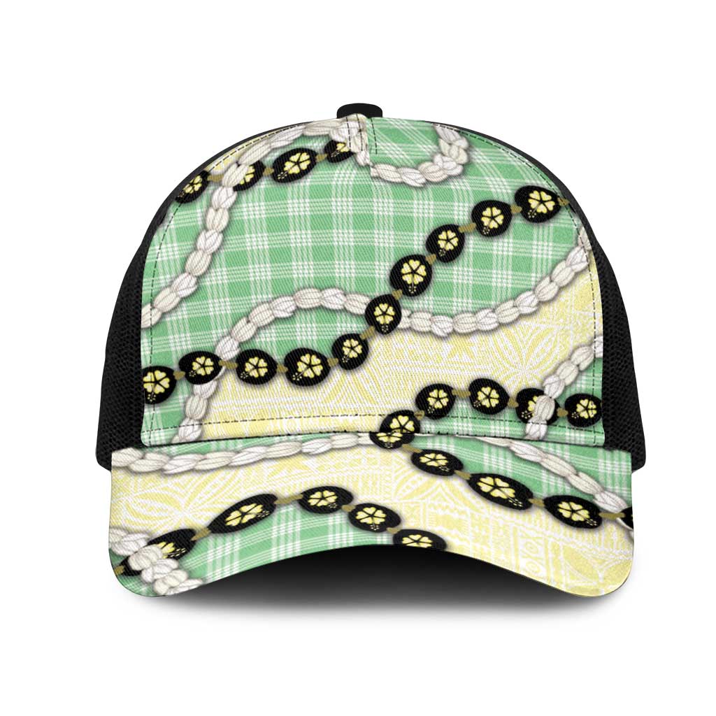 Green Palaka Hawaii Mesh Trucker Cap Kukui Nut Pikake Lei Hawaiian Tapa Pattern - Polynesian Pride