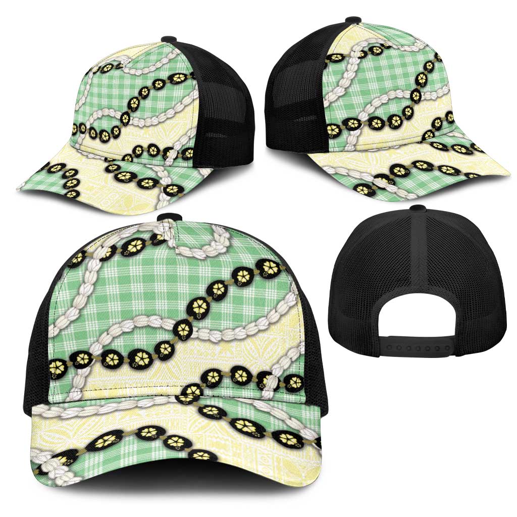 Green Palaka Hawaii Mesh Trucker Cap Kukui Nut Pikake Lei Hawaiian Tapa Pattern - Polynesian Pride