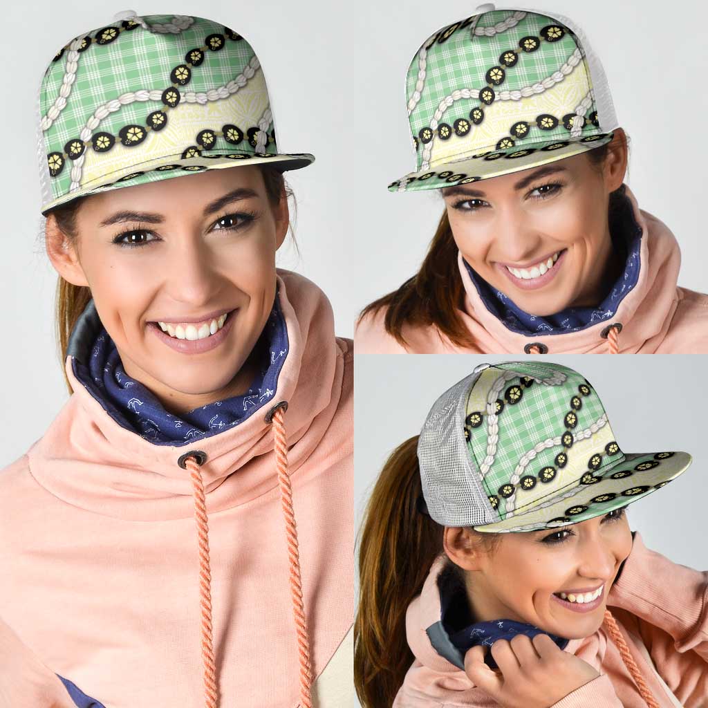 Green Palaka Hawaii Mesh Trucker Cap Kukui Nut Pikake Lei Hawaiian Tapa Pattern - Polynesian Pride
